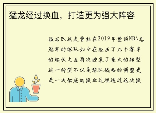 猛龙经过换血，打造更为强大阵容