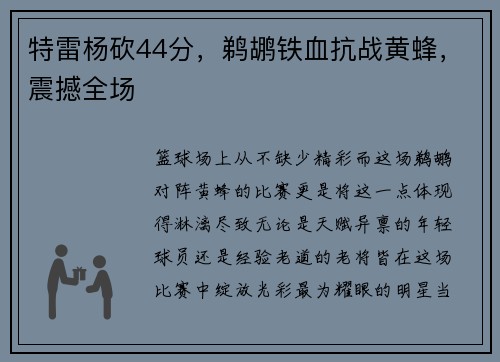 特雷杨砍44分，鹈鹕铁血抗战黄蜂，震撼全场